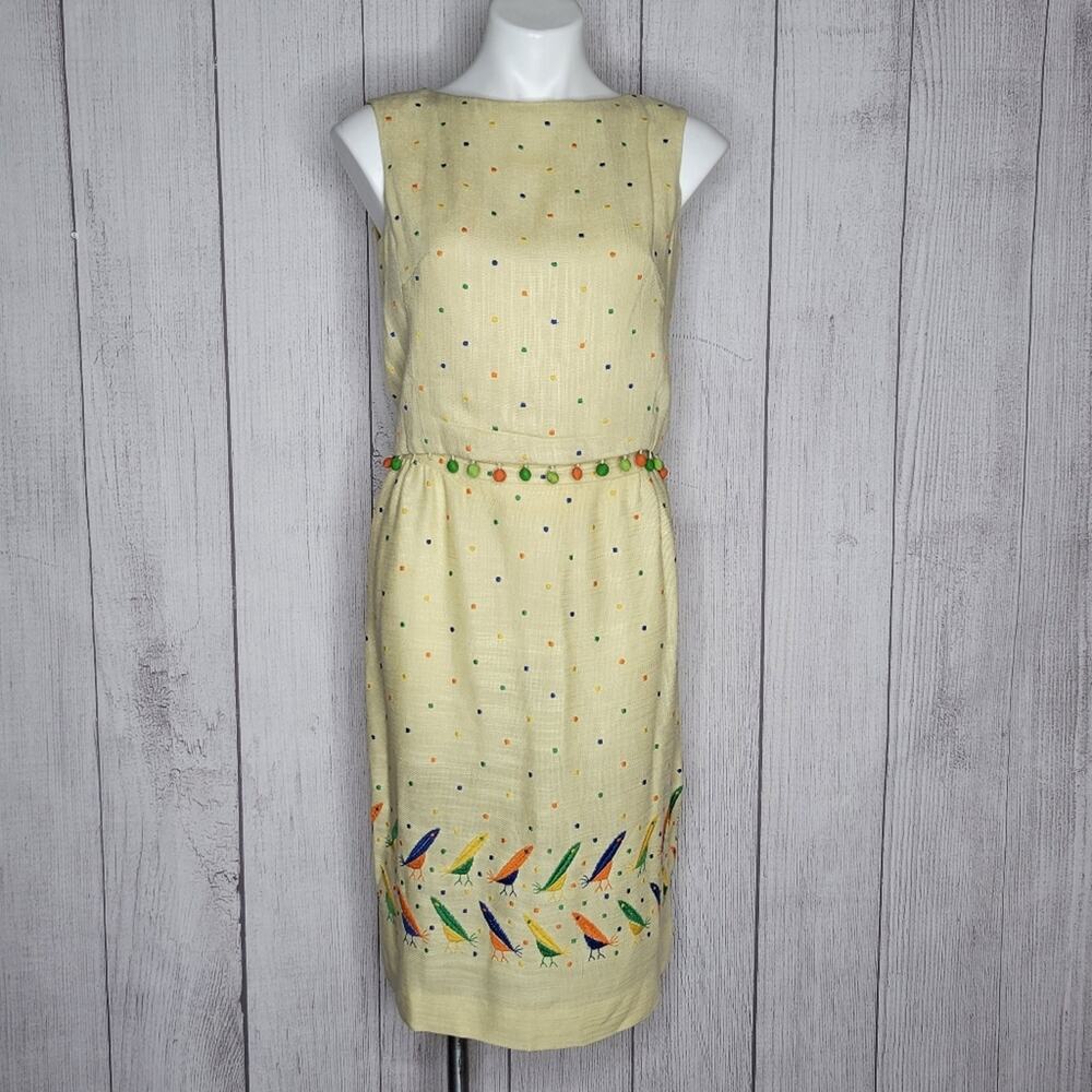 VTG 60s IN THE MINX MOOD PomPom Embroidered Bird 2 Piece Skirt Set